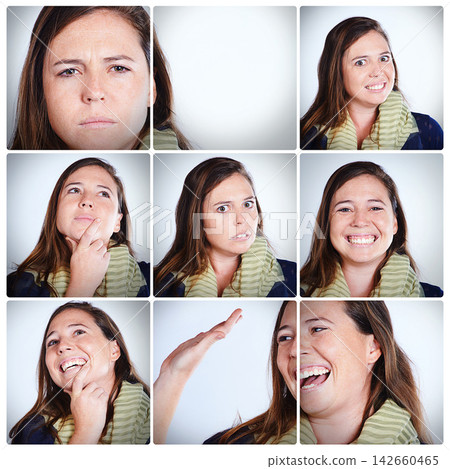 Woman, facial expressions and composite with collage in studio with funny or joyful in portrait with happy. Emotions, comedy and sequence with closeup for multiple shots for photoshoot with passion Woman, facial expressions and composite with collage in studio with funny or joyful in portrait with happy. Emotions, comedy and sequence with closeup for multiple shots for photoshoot with passion 142660465