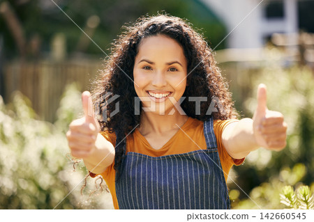 Thumbs up, florist and portrait of woman in garden for success, support or feedback for agreement. Greenhouse, sign and happy person with hand gesture for like, ok and thank you for review emoji Thumbs up, florist and portrait of woman in garden for success, support or feedback for agreement. Greenhouse, sign and happy person with hand gesture for like, ok and thank you for review emoji 142660545