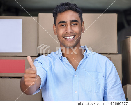 Portrait, thumbs up and happy delivery man with sign for shipping, logistics or success in distribution. Face, courier and like hand gesture for review, vote or feedback for quality service in India Portrait, thumbs up and happy delivery man with sign for shipping, logistics or success in distribution. Face, courier and like hand gesture for review, vote or feedback for quality service in India 142660577