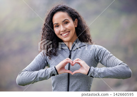 Athlete, heart hands or portrait of happy woman in park for running exercise or workout for body health. Love sign, hand gesture and girl runner in sports training for fitness in nature with care Athlete, heart hands or portrait of happy woman in park for running exercise or workout for body health. Love sign, hand gesture and girl runner in sports training for fitness in nature with care 142660595