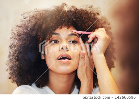 Woman, skincare and bathroom for beauty of eyebrows with facial blade or dermatology for removal of hair. Confident, female person and grooming by wax, epilation and shaving for body care routine 142660596