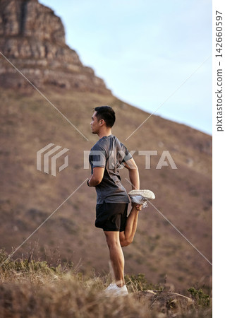 Athlete, man and fitness on mountain by stretching in outdoors for exercise, training and workout for health. Active and male person in Mexico on path for muscles, wellness and calm in nature Athlete, man and fitness on mountain by stretching in outdoors for exercise, training and workout for health. Active and male person in Mexico on path for muscles, wellness and calm in nature 142660597