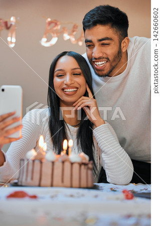 Selfie, birthday and couple with cake at party with love, relationship and celebration together. Happy, candles and young man and woman with picture for memory of special event with candles at home. Selfie, birthday and couple with cake at party with love, relationship and celebration together. Happy, candles and young man and woman with picture for memory of special event with candles at home. 142660602