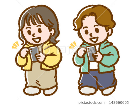 A woman and a man tapping on their smartphones A woman and a man tapping on their smartphones 142660605