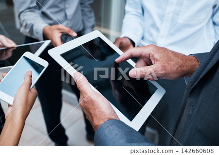 Business people, hand or tablet in group with screen for job, working with technology for meeting. Team, ebook or phone with internet for collaboration on sales mockup, together for teamwork 142660608