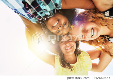 Happy, low angle and portrait of children in summer for friendship, playing and fun together. Diversity, youth and girls huddle in circle for childhood, game and hug for school, recess and playground 142660663