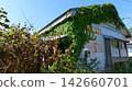Dilapidated vacant house and guardrails covered in weeds and vines; aging wooden house; vacant house problem; social problem 142660701