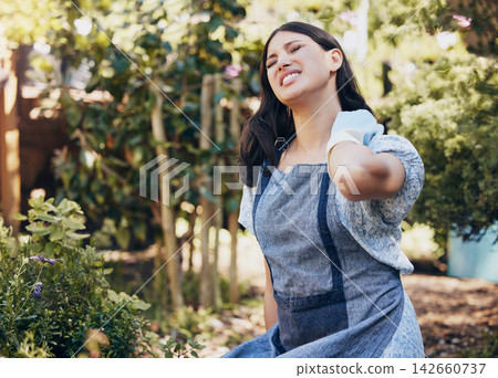 Woman, working and gloves in garden or pain in neck, green entrepreneur or agriculture. Female person, hand and injury by collar or career with plants, startup with nature for sustainability Woman, working and gloves in garden or pain in neck, green entrepreneur or agriculture. Female person, hand and injury by collar or career with plants, startup with nature for sustainability 142660737