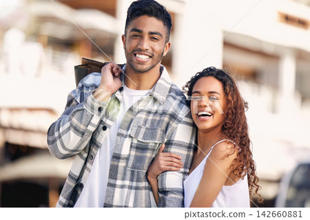 Couple, shopping and bags for retail in mall, fashion or customer for clothing and discount. Love, romance and portrait for product on sale or promotion, boutique or man and woman people on honeymoon Couple, shopping and bags for retail in mall, fashion or customer for clothing and discount. Love, romance and portrait for product on sale or promotion, boutique or man and woman people on honeymoon 142660881