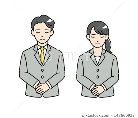 Illustration material 2 of a young man and woman in suits bowing. Illustration material 2 of a young man and woman in suits bowing. 142660922