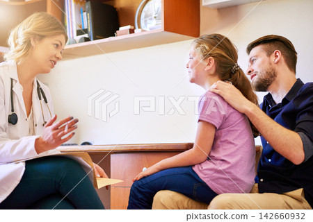 Doctor, child and father in consultation for healthcare with paperwork, medical history and health support. Pediatrician, girl and dad with medicare for prescription, helping and happy with results Doctor, child and father in consultation for healthcare with paperwork, medical history and health support. Pediatrician, girl and dad with medicare for prescription, helping and happy with results 142660932