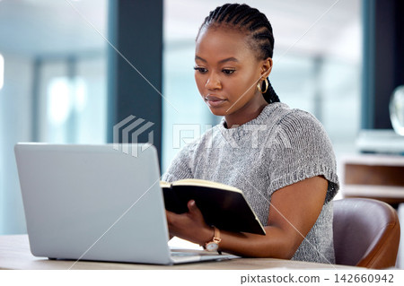 Laptop, notebook and black woman in office with research, networking and website for online report. Business, planning and sales consultant with notes, computer or internet feedback review at desk. Laptop, notebook and black woman in office with research, networking and website for online report. Business, planning and sales consultant with notes, computer or internet feedback review at desk. 142660942