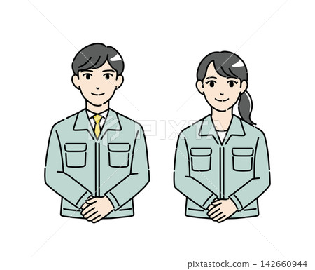 Illustration material 1 of a young man and woman in work clothes bowing Illustration material 1 of a young man and woman in work clothes bowing 142660944