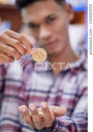 Man, cryptocurrency and coins for investment, accounting and payment for business or company. Male trader, person and money or gold for stock market, budget and banking for saving and exchange Man, cryptocurrency and coins for investment, accounting and payment for business or company. Male trader, person and money or gold for stock market, budget and banking for saving and exchange 142660958