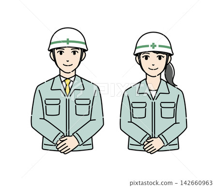 插圖素材1:年輕男女工人鞠躬 插圖素材1:年輕男女工人鞠躬 142660963