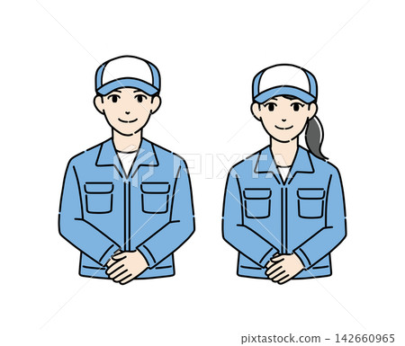 Illustration of a young man and woman wearing hats and work clothes bowing (1) Illustration of a young man and woman wearing hats and work clothes bowing (1) 142660965