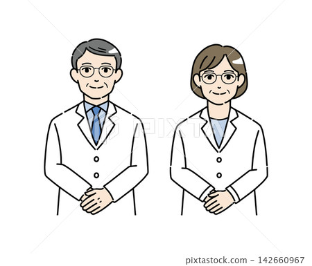 Illustration material 1 of senior men and women in white coats bowing Illustration material 1 of senior men and women in white coats bowing 142660967