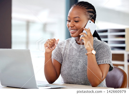 Business woman, office and taking call with smartphone for planning, employee and happy with cellphone. Worker, network and coordinate for meeting, professional and virtual session for discussion Business woman, office and taking call with smartphone for planning, employee and happy with cellphone. Worker, network and coordinate for meeting, professional and virtual session for discussion 142660979