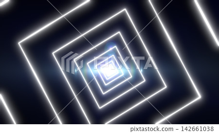 Abstract white square neon tunnel receding into a bright center with clean glowing lines and modern futuristic depth Abstract white square neon tunnel receding into a bright center with clean glowing lines and modern futuristic depth 142661038