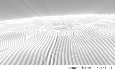 Minimal white digital wave landscape with soft striped terrain, glowing horizon, and clean futuristic abstract surface. 142661041