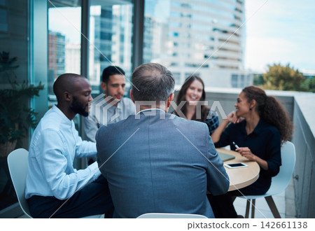 People, business meeting and teamwork together outside, employees and discussion for company project. Rooftop, brainstorming and ideas for corporate agency or workplace with innovation in Germany. People, business meeting and teamwork together outside, employees and discussion for company project. Rooftop, brainstorming and ideas for corporate agency or workplace with innovation in Germany. 142661138