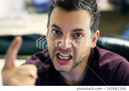 Annoyed, man and pointing in portrait for communication, conflict or problem with hand gesture for final warning. Male person, frustrated and screaming with attitude for anger, stress and caution Annoyed, man and pointing in portrait for communication, conflict or problem with hand gesture for final warning. Male person, frustrated and screaming with attitude for anger, stress and caution 142661166