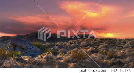 Sunset, nature and mountain with plants for travel, scenery and hiking trail in environment. Sustainable, agriculture and greenery on rocks in eco friendly and natural habitat in countryside. 142661175
