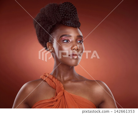Glow, haircare and African woman in studio, confidence and mockup for braids, creative and culture. Background, elegant and texture of hair, salon and treatment for shine, health and self care Glow, haircare and African woman in studio, confidence and mockup for braids, creative and culture. Background, elegant and texture of hair, salon and treatment for shine, health and self care 142661353