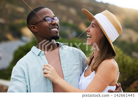 Interracial couple, travel and funny for hug in nature, environment and countryside for vacation in Brazil. Adventure, people and happy outdoor in summer for holiday, break and comic together Interracial couple, travel and funny for hug in nature, environment and countryside for vacation in Brazil. Adventure, people and happy outdoor in summer for holiday, break and comic together 142661445