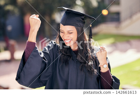 Success, smile and woman celebrate graduation, achievement or winning at college campus. Yes, cheers and happy graduate outdoor at university for education goal, scholarship and victory of student Success, smile and woman celebrate graduation, achievement or winning at college campus. Yes, cheers and happy graduate outdoor at university for education goal, scholarship and victory of student 142661613