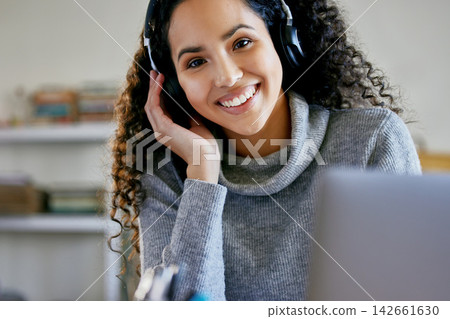 Woman, student and headphones in home for portrait, smile and laptop for streaming with education. Girl, happy and listening to music with inspiration for studying, development and elearning in house Woman, student and headphones in home for portrait, smile and laptop for streaming with education. Girl, happy and listening to music with inspiration for studying, development and elearning in house 142661630