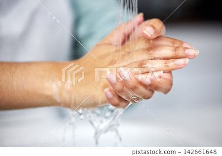 Water, woman and wash hands in bathroom for hygiene, germ protection and cleaning with liquid for wellbeing. Tap, skincare and safety from bacteria, virus and splash at sink for healthcare routine 142661648