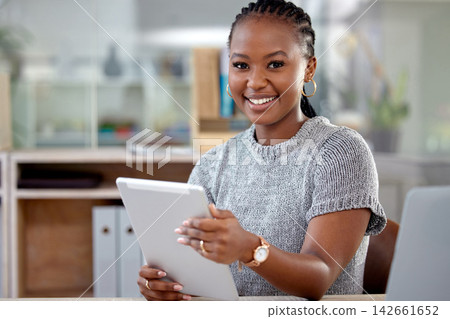 Tablet, portrait and black woman in office with smile, networking and website for online research. Business, planning and sales consultant with digital app, email or internet feedback review at desk Tablet, portrait and black woman in office with smile, networking and website for online research. Business, planning and sales consultant with digital app, email or internet feedback review at desk 142661652