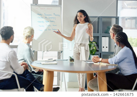 Business, woman and employee presentation and whiteboard, faq and training for company project. Briefing, collaboration meeting and discussion for pitch, presenter and coworkers for work strategy Business, woman and employee presentation and whiteboard, faq and training for company project. Briefing, collaboration meeting and discussion for pitch, presenter and coworkers for work strategy 142661675