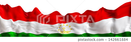 The flag of Tajikistan features three horizontal stripes of red, white, and green. The emblem includes a crown and stars. The design is clear and vibrant without other elements The flag of Tajikistan features three horizontal stripes of red, white, and green. The emblem includes a crown and stars. The design is clear and vibrant without other elements 142661884