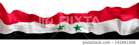 A flag of Syria is shown, with its colors red, white, black, and green. The flag has two green stars in the center. It stands out against a white background A flag of Syria is shown, with its colors red, white, black, and green. The flag has two green stars in the center. It stands out against a white background 142661886