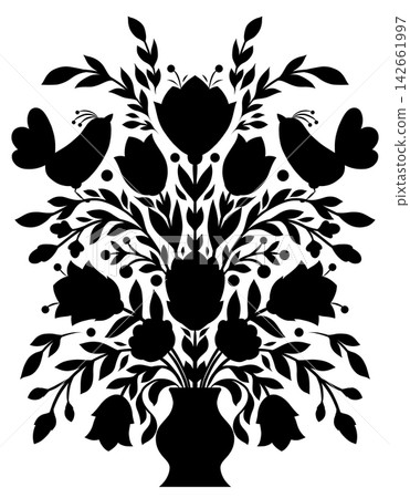 Vector postcard with black silhouette of birds and flowers in a vase on white background. Monochrome blooming floral illustration Vector postcard with black silhouette of birds and flowers in a vase on white background. Monochrome blooming floral illustration 142661997