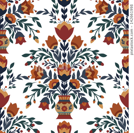 Vector seamless pattern with flowers in a vase in flat style. Texture with silhouette of blooming wildflowers ornament Vector seamless pattern with flowers in a vase in flat style. Texture with silhouette of blooming wildflowers ornament 142661998
