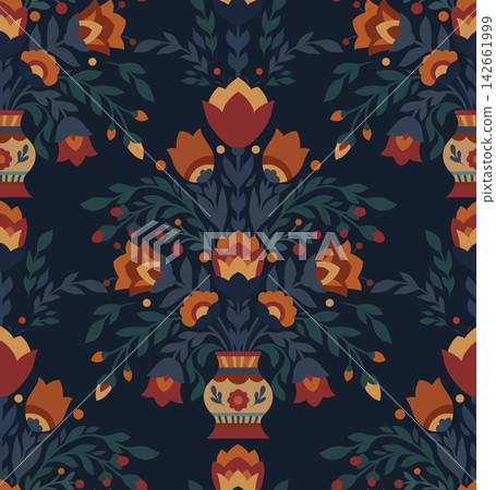 Vector seamless pattern with flowers in a vase in flat style on dark background. Texture with silhouette of blooming wildflowers ornament Vector seamless pattern with flowers in a vase in flat style on dark background. Texture with silhouette of blooming wildflowers ornament 142661999