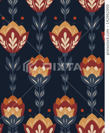 Vector decorative pattern with folk art flowers in a row on dark background. Tracery texture with wildflowers. Vertical floral motif Vector decorative pattern with folk art flowers in a row on dark background. Tracery texture with wildflowers. Vertical floral motif 142662000