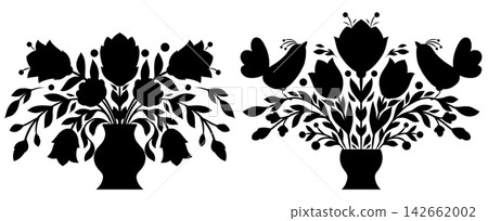 Vector clip arts set of black silhouette of bouquets with birds and flowers in a vase. Monochrome collection with blooming floral illustration Vector clip arts set of black silhouette of bouquets with birds and flowers in a vase. Monochrome collection with blooming floral illustration 142662002
