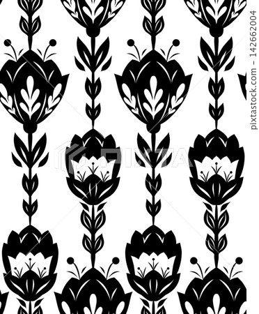 Vector decorative pattern with black folk art flowers in a row on white background. Rustic texture with monochrome silhouette of wildflowers. Vector decorative pattern with black folk art flowers in a row on white background. Rustic texture with monochrome silhouette of wildflowers. 142662004