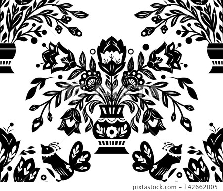 Vector monochrome decorative pattern with flowers in a vase in folk art style. Texture with black tracery floral ornament. Wildflowers backdrop 142662005