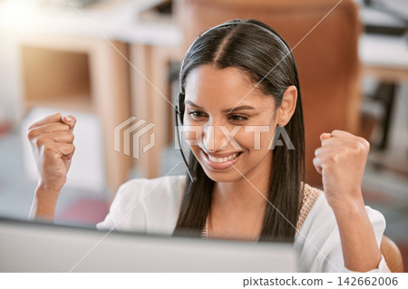 Call center, celebration and headset of woman, excited and friendly for customer service, smile and tech support. Office, working and b2b for telemarketing, help and consulting for company and person Call center, celebration and headset of woman, excited and friendly for customer service, smile and tech support. Office, working and b2b for telemarketing, help and consulting for company and person 142662006