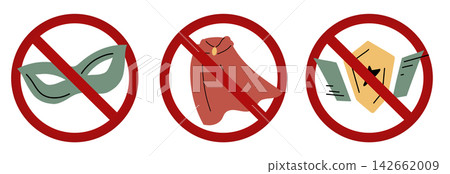 Superheroes prohibited. Vector set of forbidden signs. Ban on concealing identity. Superheroes prohibited. Vector set of forbidden signs. Ban on concealing identity. 142662009