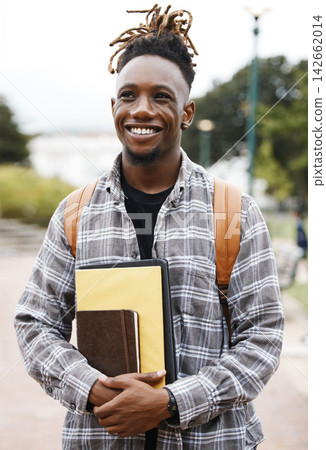 Student, college and black man, outdoor and books to study, smile and backpack for education. University, guy and happiness for scholarship, campus and excited for learning in school for future Student, college and black man, outdoor and books to study, smile and backpack for education. University, guy and happiness for scholarship, campus and excited for learning in school for future 142662014
