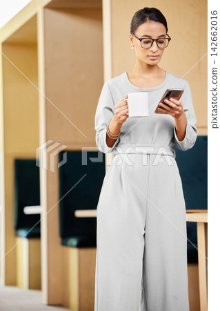 Businesswoman, coffee or phone for research on website, internet or social media in digital agency. Networking, tea or consultant texting on mobile app for schedule, news or online article in office Businesswoman, coffee or phone for research on website, internet or social media in digital agency. Networking, tea or consultant texting on mobile app for schedule, news or online article in office 142662016