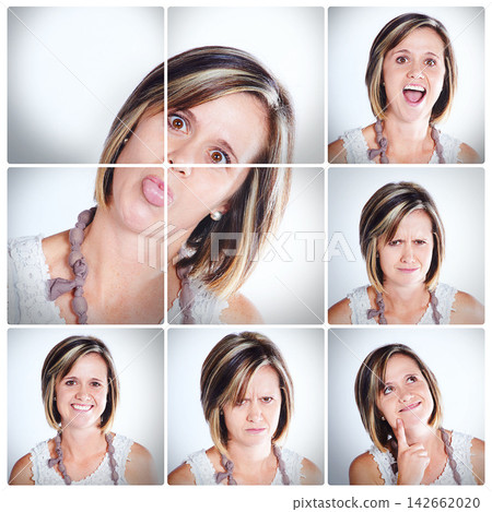 Woman, portrait and collage with funny faces, expressions or mood of personality on montage. Young female person in collection, frame or series of silly or goofy emotions for comedy, humor or comic Woman, portrait and collage with funny faces, expressions or mood of personality on montage. Young female person in collection, frame or series of silly or goofy emotions for comedy, humor or comic 142662020
