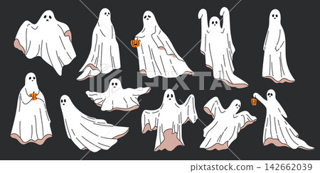 Halloween ghost set with cute white cartoon ghost characters in various poses. Floating, flying and standing ghosts holding pumpkin lantern on dark background. Flat vector illustration Halloween ghost set with cute white cartoon ghost characters in various poses. Floating, flying and standing ghosts holding pumpkin lantern on dark background. Flat vector illustration 142662039