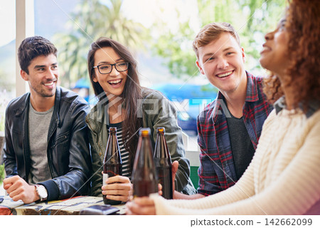 People with alcohol, drinks and laughing in pub, restaurant outdoors and reunion on weekend. Friends, men and women with social gathering together, celebration and beers with happiness or joy People with alcohol, drinks and laughing in pub, restaurant outdoors and reunion on weekend. Friends, men and women with social gathering together, celebration and beers with happiness or joy 142662099